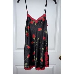 Victorias Secret Women's Slip Dress Black W/Red Flowers/Lace Size XS